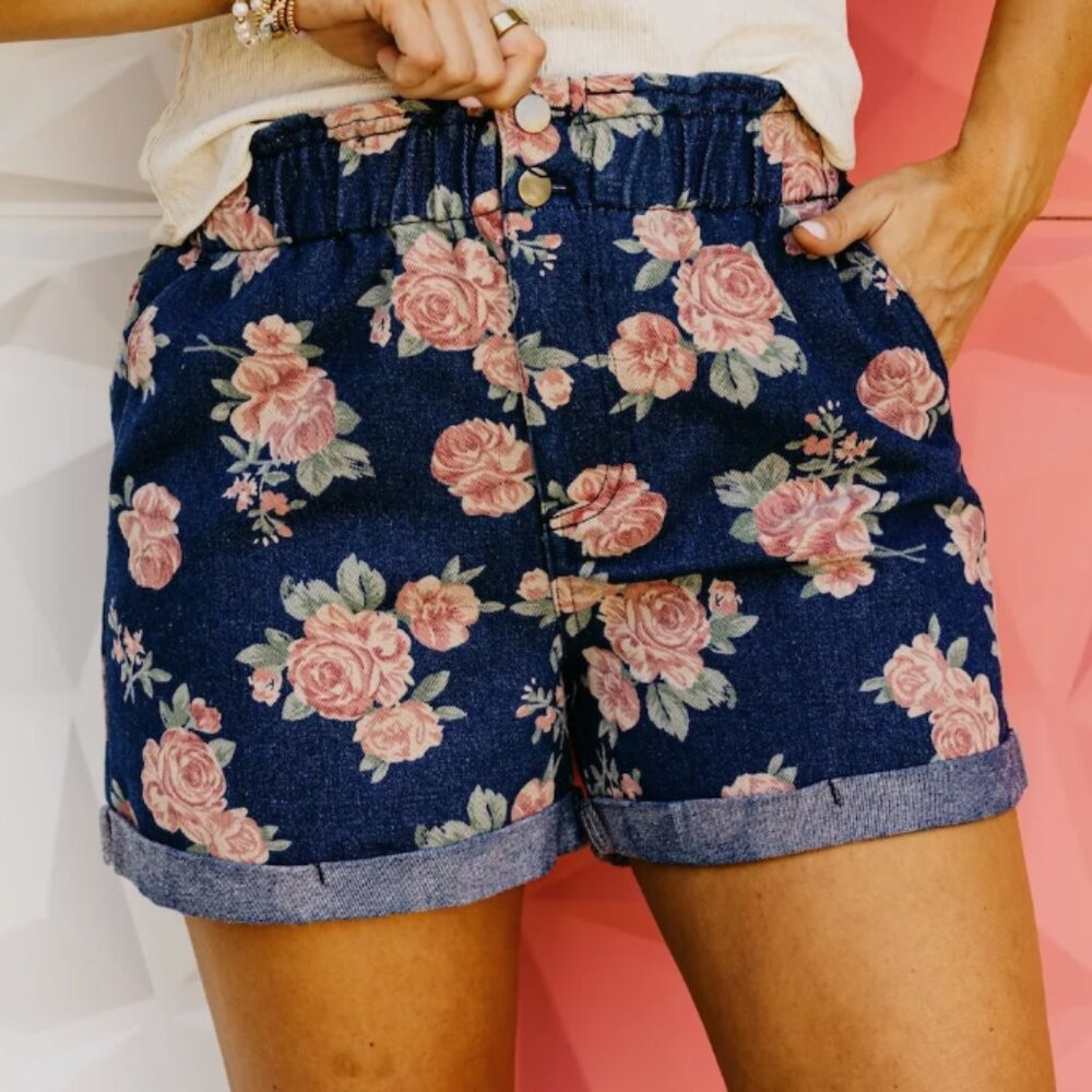 Bibi pink floral print denim shorts w/ elastic waist, women's size large